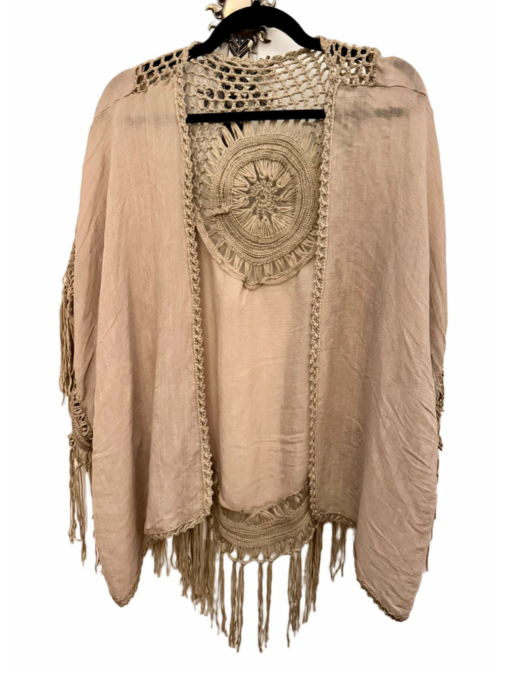 Women's Unbranded Macrame Crochet Fringe Kimono Mocha One Size - Picture 3 of 4